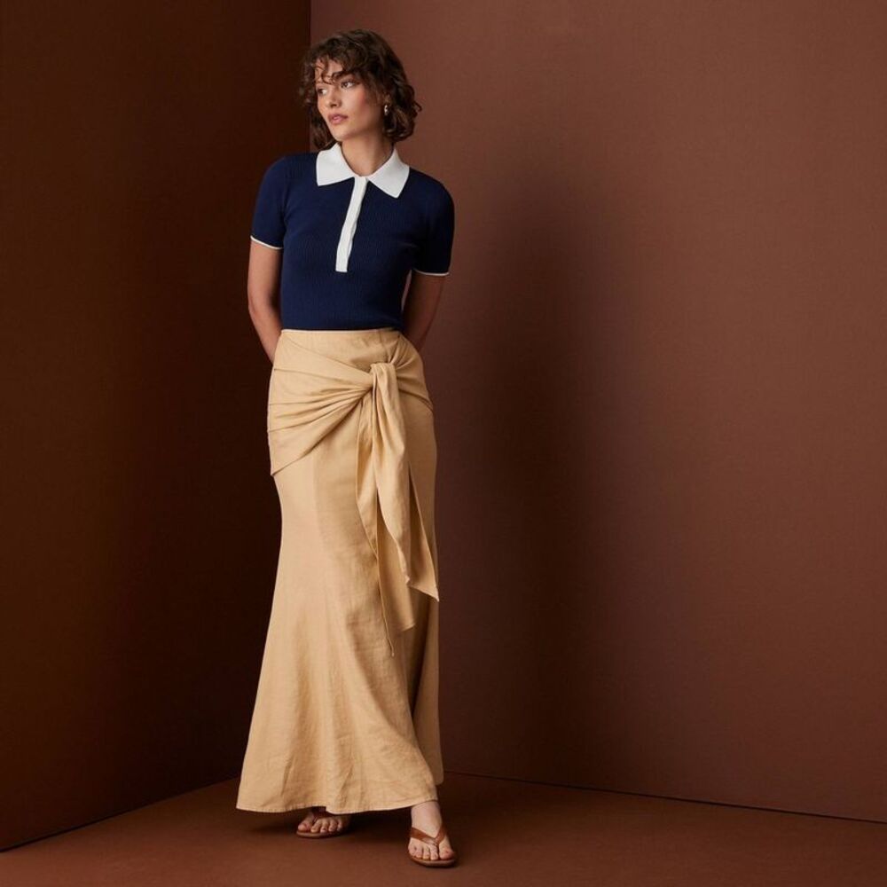 Women's Side Tie Linen Blend Maxi Skirt - Khaki 2 - Picture 2 of 4